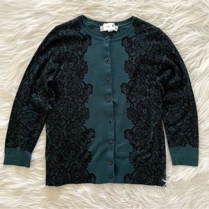 Loft teal black printed lace button cardigan 3/4 sleeves